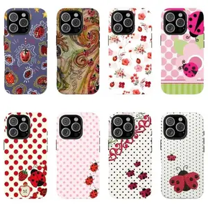 Whimsical Pink Ladybug Polka Dot Floral Phone Case, Kawaii Vintage Cottagecore Cartoon Aesthetic Protective Cover Compatible with iPhone 11-17, Unisex Ideal Gift for Men Women| LUMN Studio
