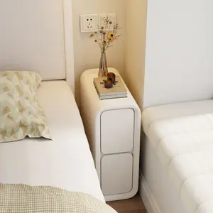 【Summer】TimberKnows Narrow Nightstand - Compact Bedside Table with Leather Surface, Small Wood Nightstand with Drawers for Bedroom, White