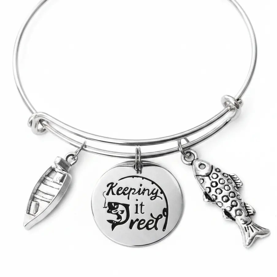 "Keeping it Reel" Fishing Charm Bangle Bracelet | Fish, Lure & Engraved Disc | Fishing Gift Jewelry for Women