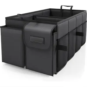Car Trunk Organizer with 2 Compartments – Heavy Duty Foldable Car Organizer for SUV & Sedan, Large Storage Bin for Groceries, Tools & Accessories, Non-Slip, Durable Black Trunk Storage Organizer, car cargo organizer, car tool organizer, car decor