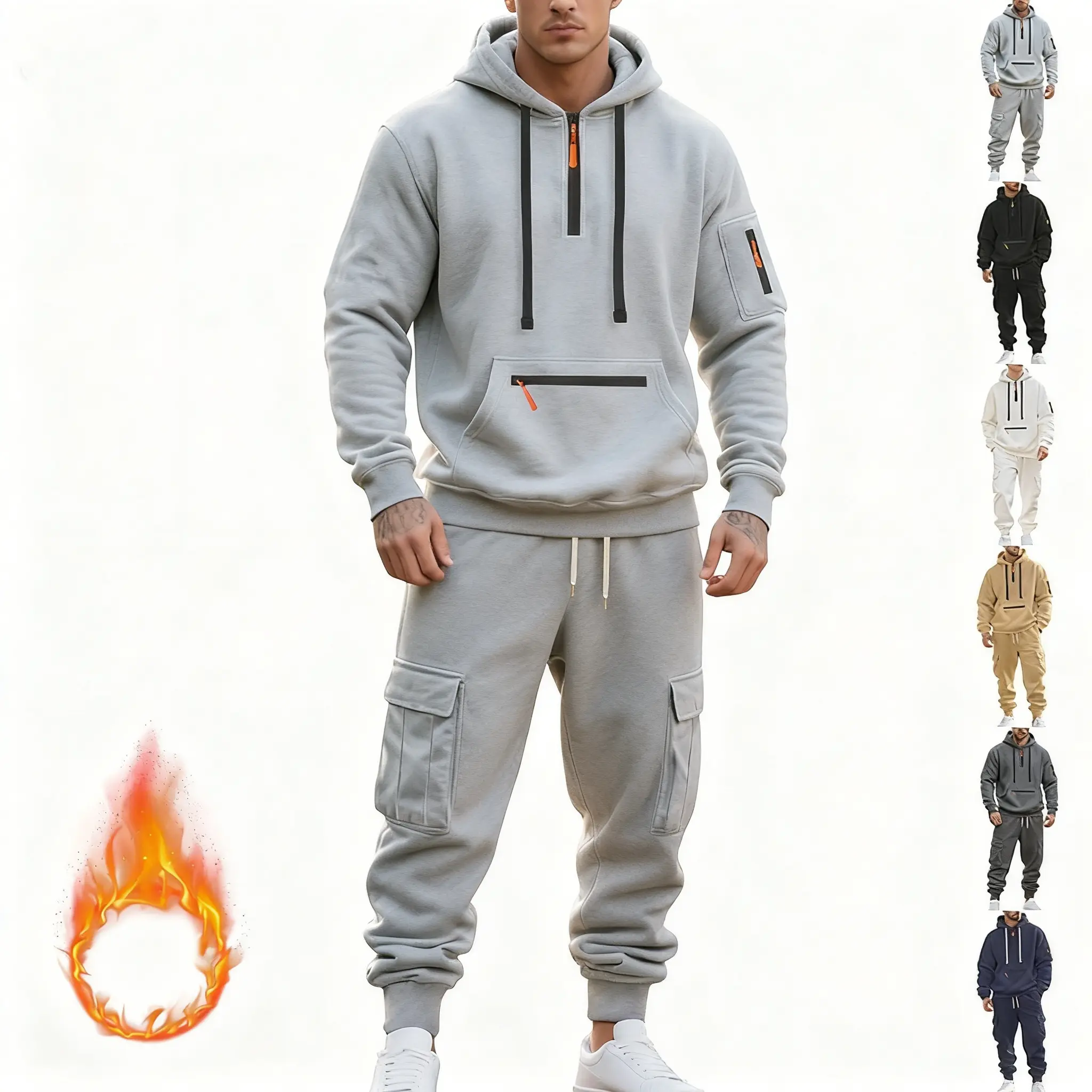 Men's Heavyweight Fleece Lined Cargo Jogger Set | Warm Winter Tracksuit Multi Pocket Workwear Style