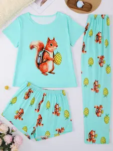 Three Piece Women's Pajama Set, Short Sleeve Top with Cartoon Squirrel Pineapple Print, Casual Sleepwear and Cute Loungewear for All Seasons, Perfect for Home and Outing