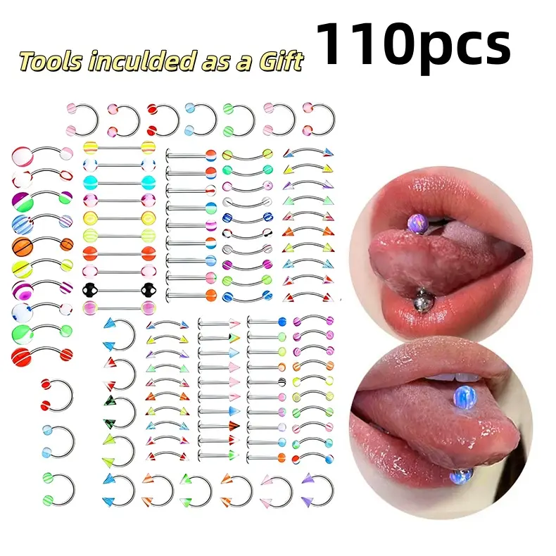 110-Piece Stainless Steel Piercing Jewelry Set for Female - Internally Threaded, Low Irritation, Colorful Beads, Curved/Straight Barbells, Horseshoe Styles, Multi-Part Wear, Free Tool Kit (Nose Piercing Compatible), Accessories For Women