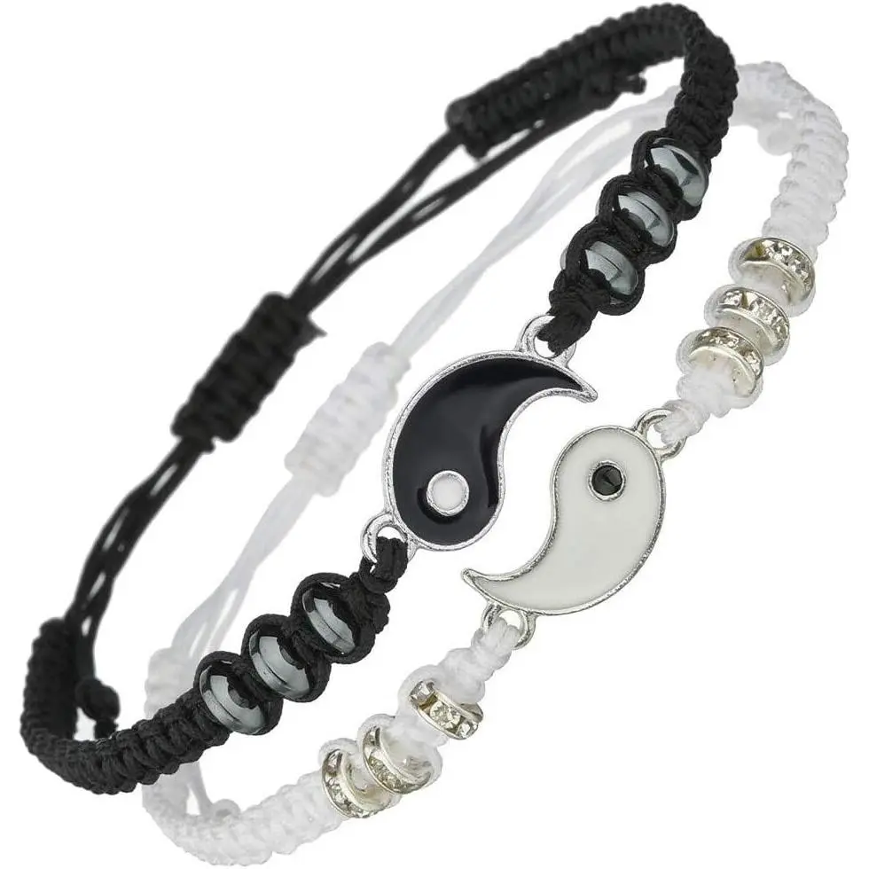 Black Bead Yin-Yang Adjustable Drawstring Cord Bracelets - 2-Piece Matching Friendship Set for Couples, Diamond-Accent, 7"-12" Size, Valentine's Day Anniversary Gift (Fashion Costume Jewelry Bracelets)