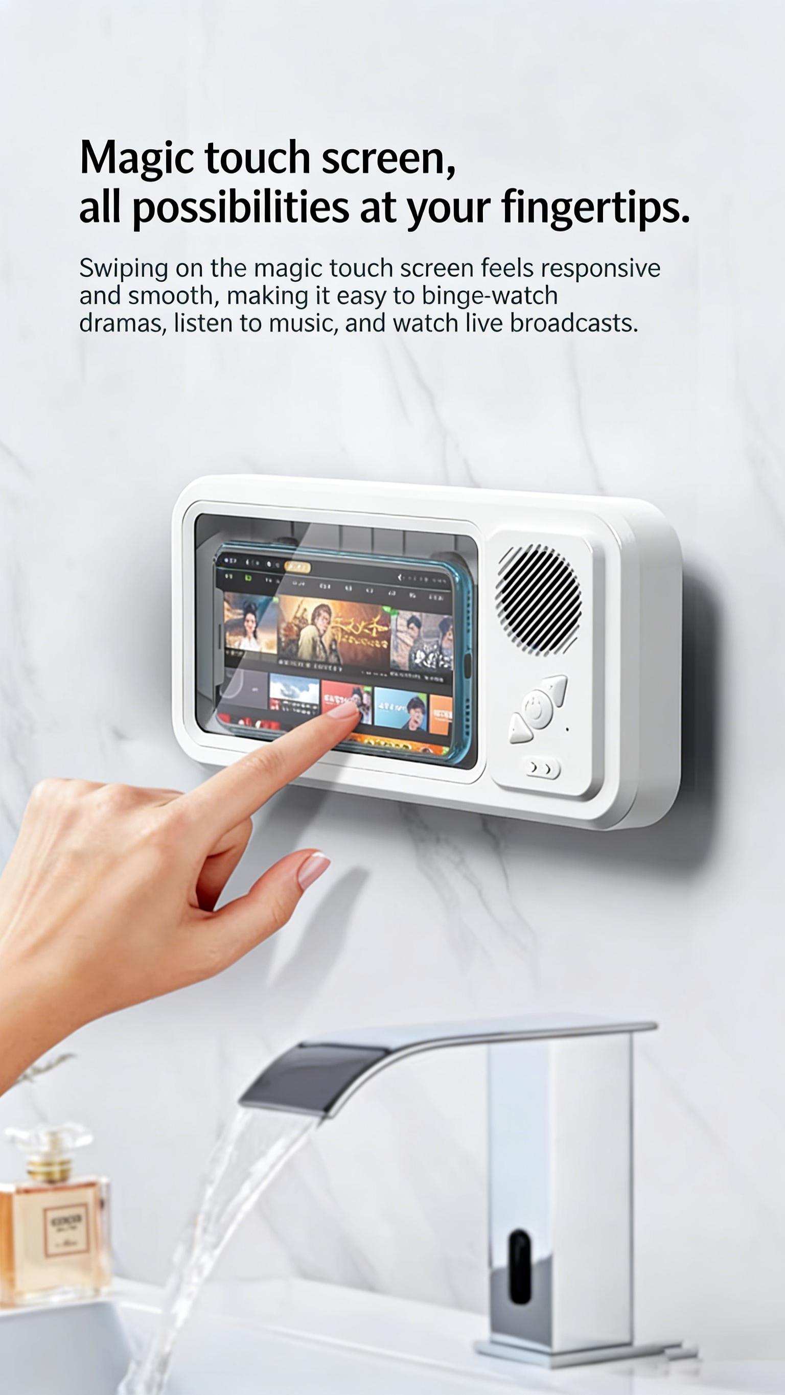 Waterproof Phone Mount for Showers and Bathrooms—360° smooth rotation, anti-fog protective case, responsive full HD touchscreen, comes with 3 tool-free adhesive wall mounts, compatible with 4–7-inch iPhones, Samsung, and other adjustable smartphones