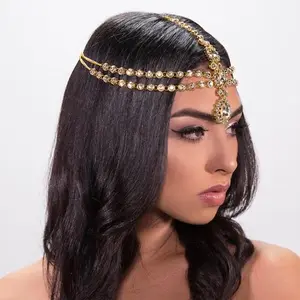 Gold Rhinestone Boho Head Chain Wedding Forehead Headpiece Festival Hair Accessory for Women