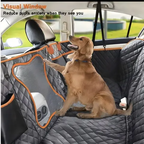 Dog Car Seat Cover Hammock - Wipe-Clean 600D Oxford Chew-Resistant Backseat Protector for Travel, Full-Side Protection, Non-Slip, Waterproof, Gear Pocket, Folding Bed, 400 lbs Capacity, Includes Bone, Easy Cleanup (Fits Cars, SUVs)