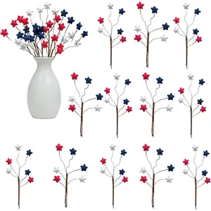 TEMPUS 12PCS 10 Inch 4th of July Star Picks, Patriotic Flocked Artificial Berry Stems, Memorial Day Independence Day Decor for Vase Centerpiece Mantel Wreath DIY Party Decorations