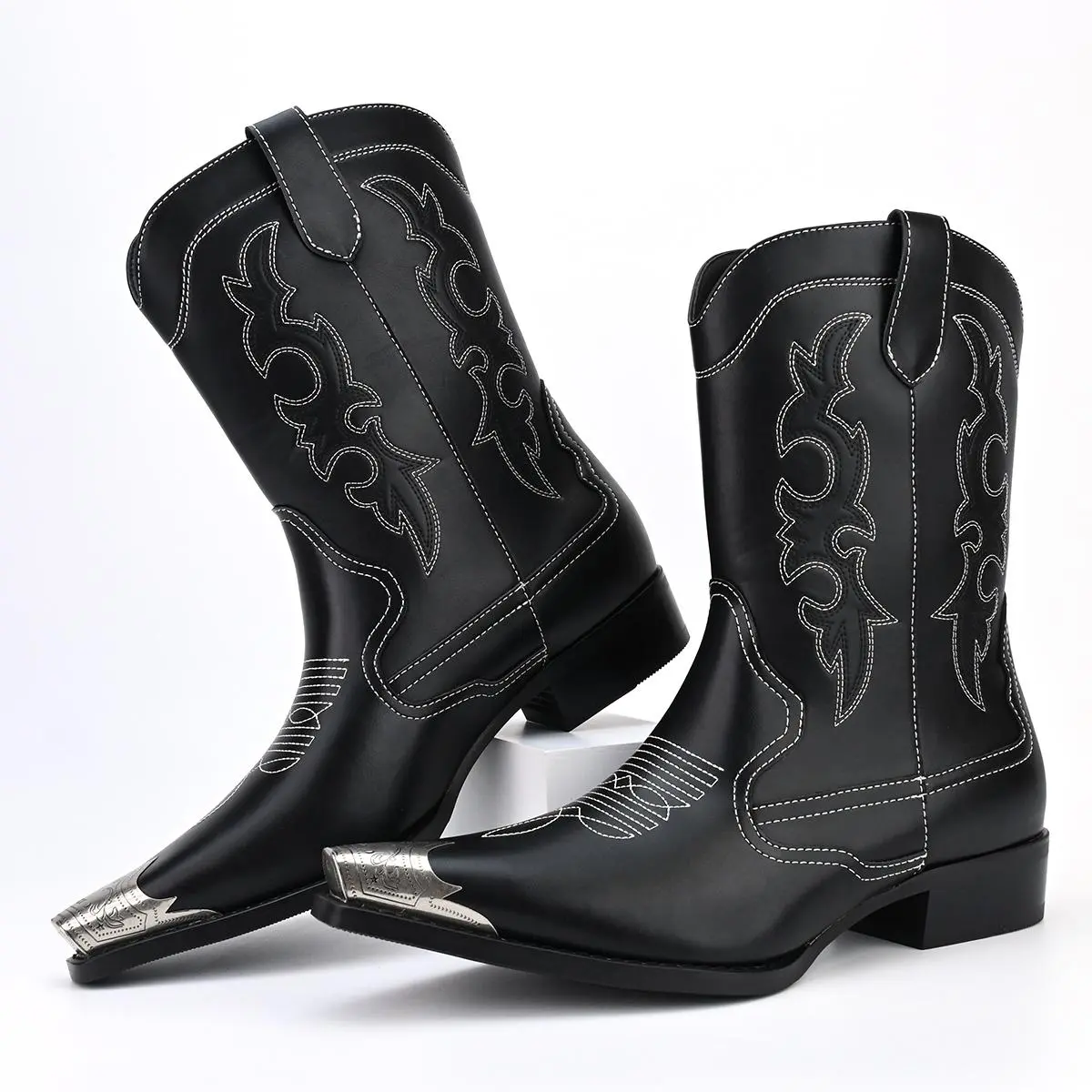 Men's Black Denim Boots with Retro Embroidery, Pointed Toe Slip On Statement Shoes for Casual Party Wear, Striped, Pu Upper, Cowboy Aesthetic, Waterproof