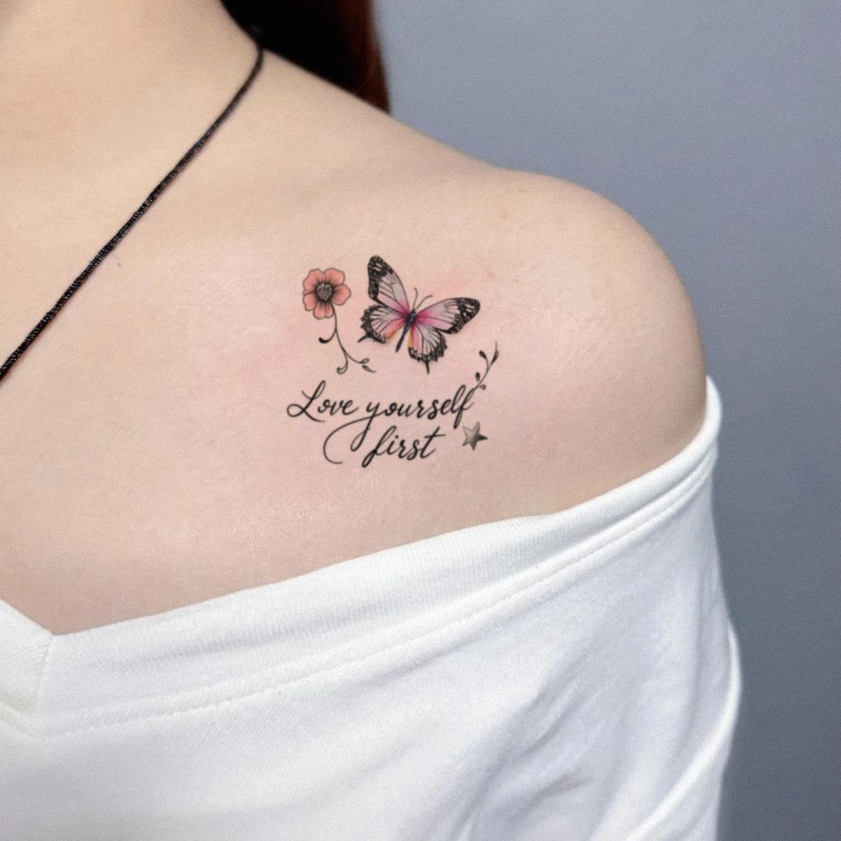 Butterfly Floral Quote Series Temporary Tattoo Stickers - 2 Sheets Semi-Permanent Waterproof Realistic Fake Tattoos, Single Item for Women, All Skin Types Ideal for Swimming, Party, Beach