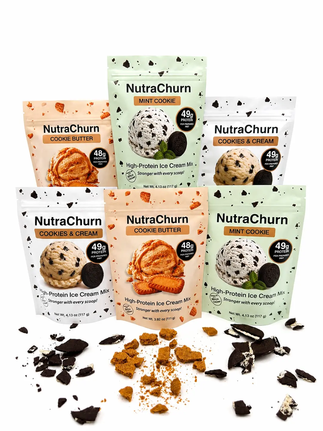 NutraChurn High-Protein Ice Cream Mix - Cookie Lovers 6-Pack – ~50g Protein Per Pint – For Ninja Creami – Each Pouch Makes 1 Pint - 2x Cookies & Cream, 2x Cookie Butter, and 2x Mint Cookie