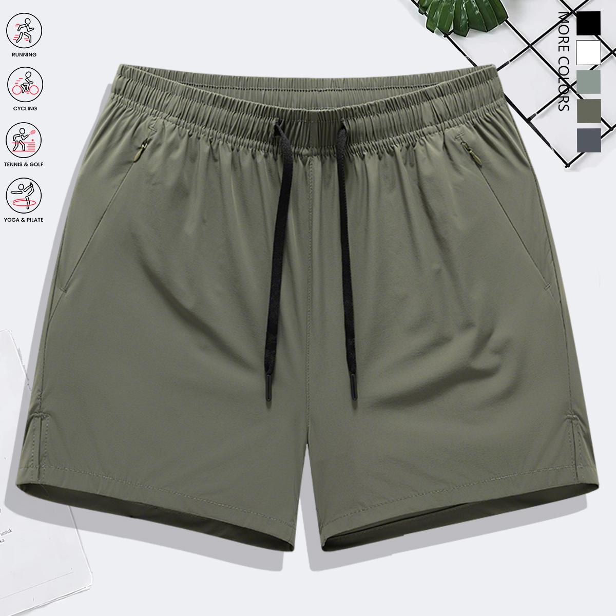 Men’s solid-color casual shorts with zippered pockets; summer fashion drawstring athletic shorts suitable for fitness and outdoor wear; comfortable shorts with a casual, minimalist style featuring letter print and drawstrings.