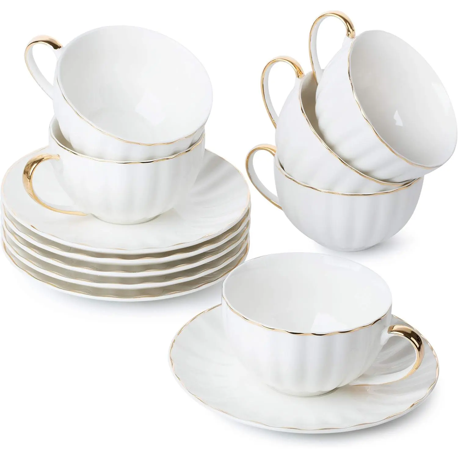 Tea Cups and Saucers, Set of 6 (3 oz) with Gold Trim and Gift Box, Demitasse Cups, Coffee Cups, White Tea Cup Set, British Coffee Cups, Porcelain Tea Set, Latte Cups