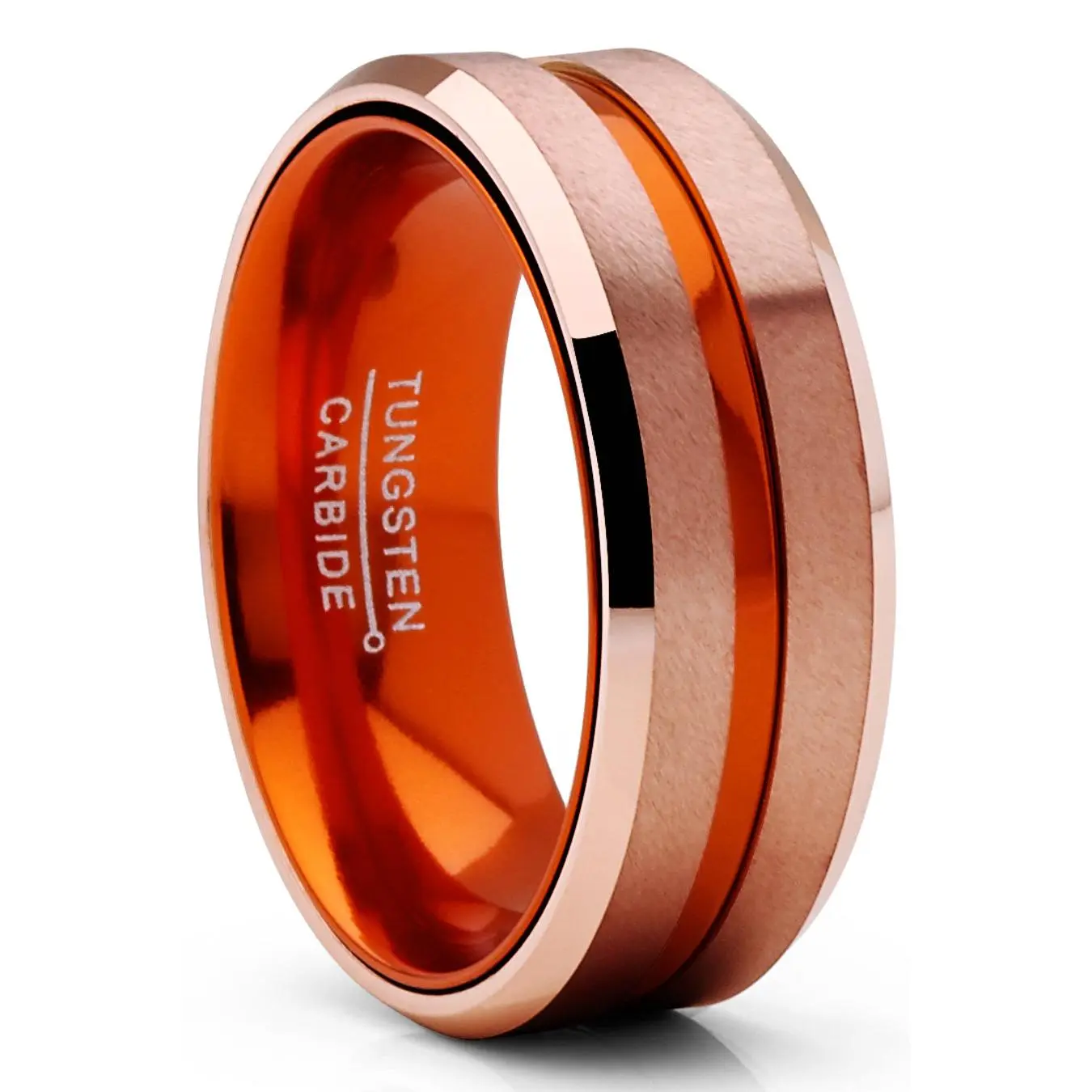 Sturdy Unisex Tungsten Carbide Groove Wedding Band - Brushed Flat-Top, Rose Goldtone, Orange Contoured Inner Surface, 8mm Wide Comfort-Fit, Scratch-Resistant Finish, Men's Accessories for Men/Women Female Adults