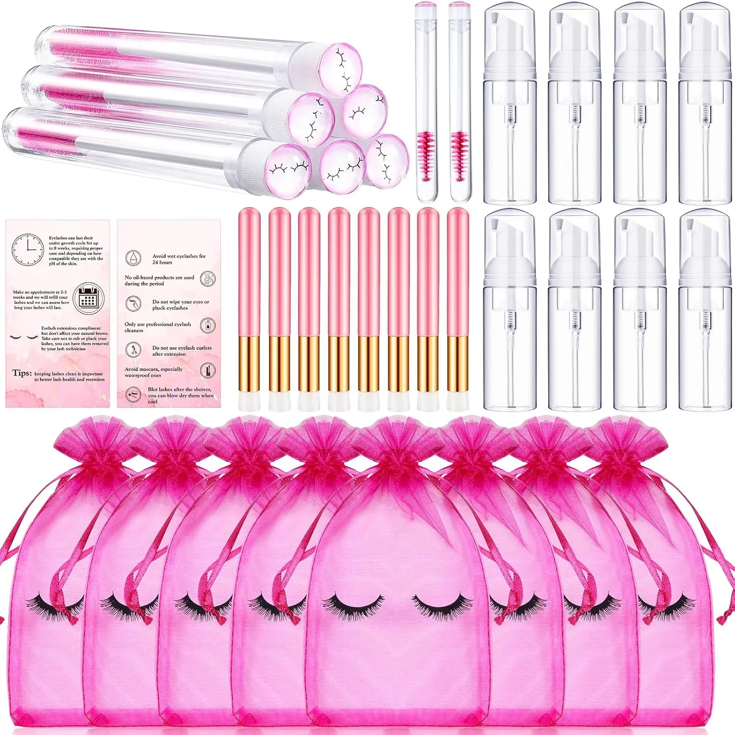 40 Pcs Lash Shampoo Brushes Set Eyelash Aftercare Bag Disposable Mascara Tubes Foam Pump Bottle Extension Aftercare Instructions Card Eyelash Accessories for Women Mother(Mesh Bag Style)