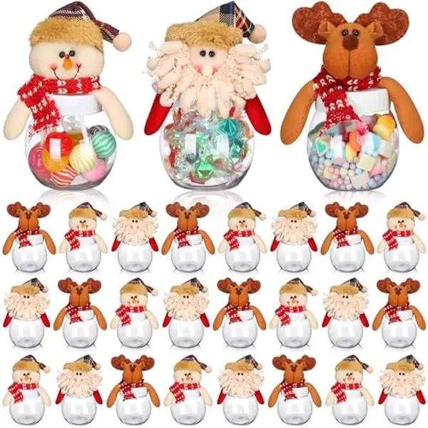 12/24Pcs Christmas Candy Jars with Snowman Santa Elk Lid 5.91 x 3.1 Inch Plastic Clear Christmas Cookie Chocolate Jar Xmas Snack Food Storage Container for Gifts Holiday Party Favor Supplies