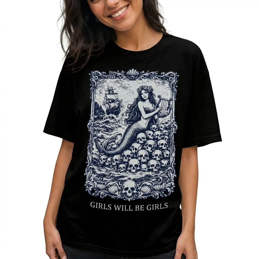 Girls Will Be Girls Graphic Tee Women Plus Size Gothic Siren Shirt Vintage Mermaid