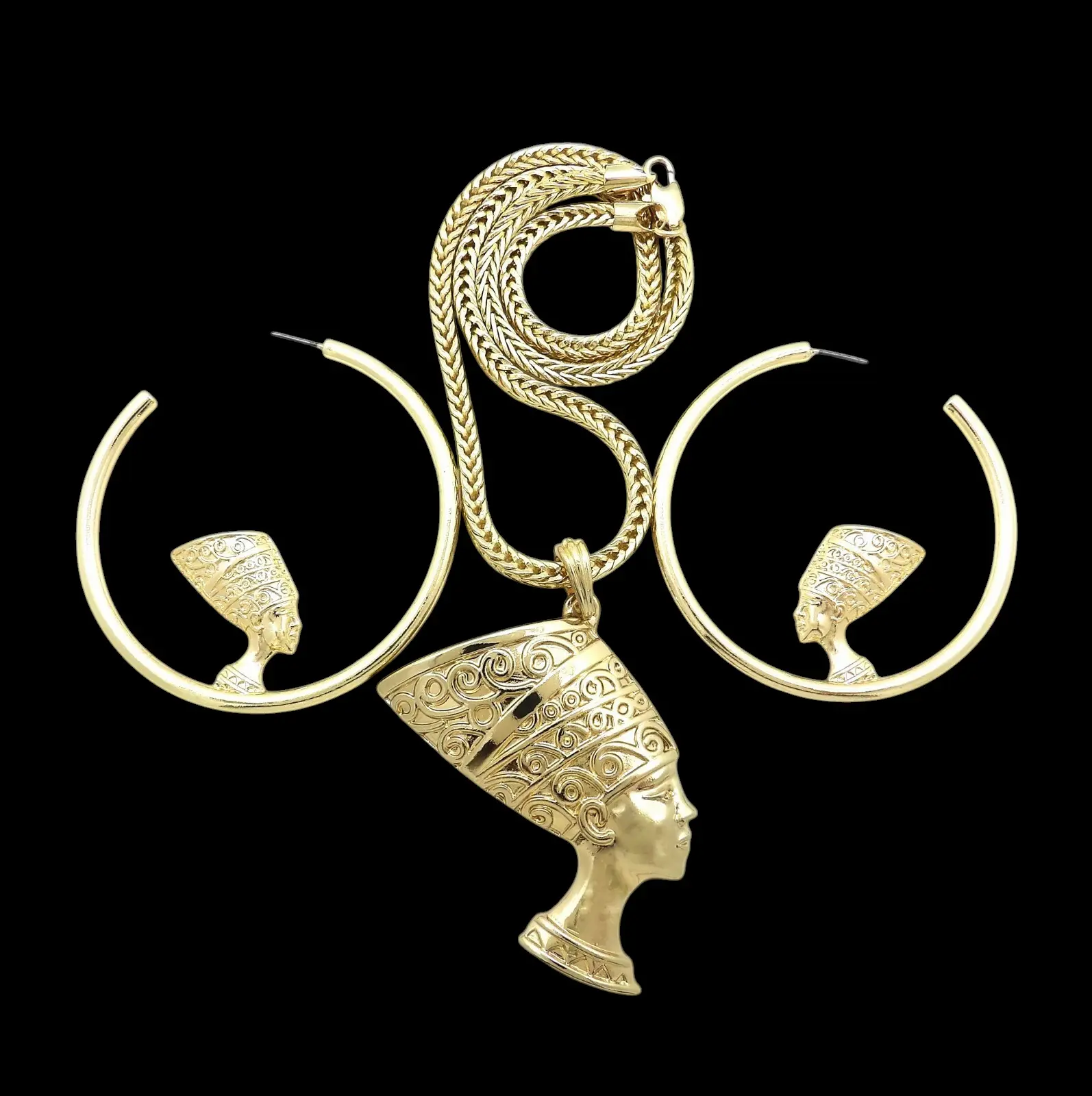 WOMEN'S EGYPTIAN QUEEN NEFERTITI FASHION HOOP EARRINGS & PENDANT 4mm 20" FRANCO CHOKER CHAIN NECKLACE JEWELRY