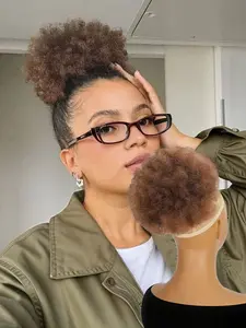 Lehanhair 8-Inch Afro Curly Hair Buns Updo Chignon, Short Curly Wavy Hair Bun, Afro Shaggy Drawstring Ponytail, Synthetic Hair Short Curly Bun for Women