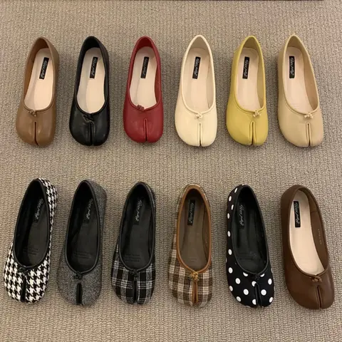 Women's Designer Slip-On Flats - Retro-Inspired Synthetic Below-the-Ankle Footwear, Soft Allday Wear, Casual & Elegant Styles, Plain/Round Toe, Split-Toe Design, Checkered/Polka Dot Patterns, Black, Brown, Beige, Red, Yellow, Elegant Plain Loafers