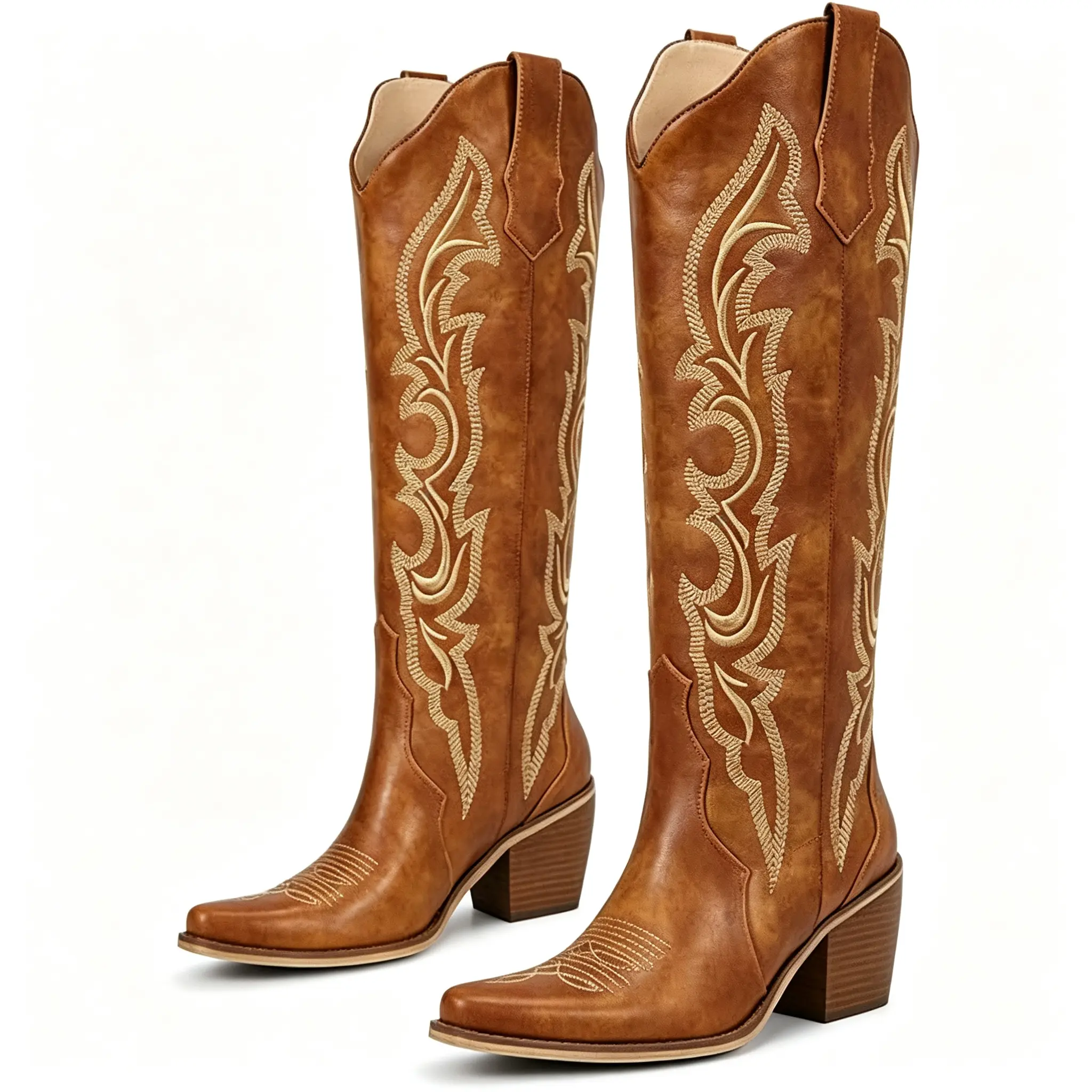 Women's Western Cowboy Boots - Knee-High, Floral Embroidered Almond Heads, Chunky Heel, Pull-On, Retro Country Girl Aesthetic, Urban Cowboy, Western Elegance, All Seasons Fashion Boots