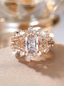 Luxury Artificial Zirconia Ring Set, Sparkling Zircon Inlay, Stackable Engagement Ring, Fashion Accessories for Women & Girls, Trendy All-match & Exquisite Jewelry for Birthday Gift