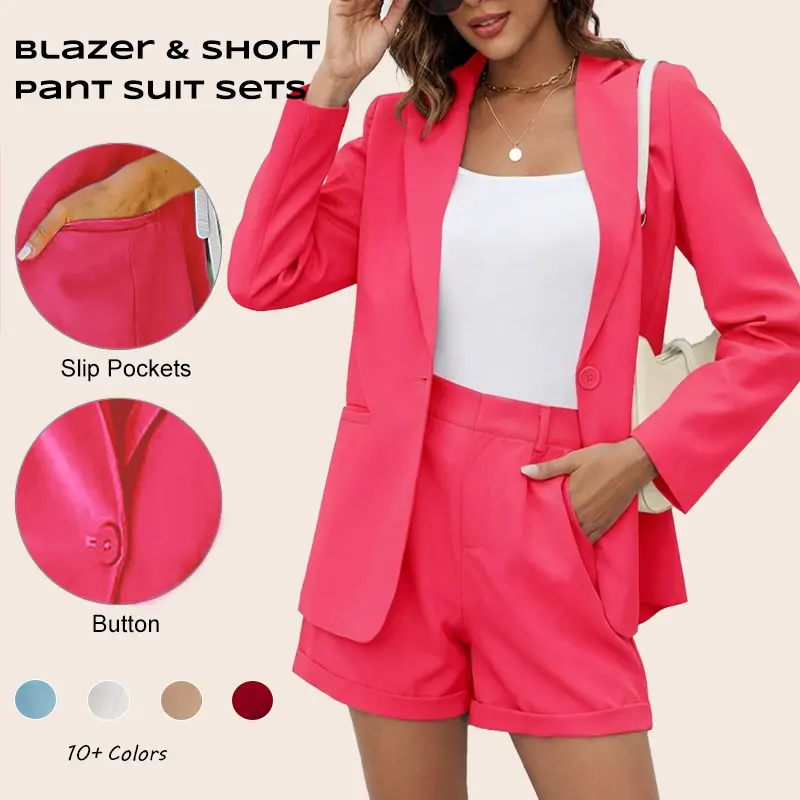 Imily Bela Women's 2 Piece Open Front Long Sleeve Blazer and Solid Short Pants Suit Sets