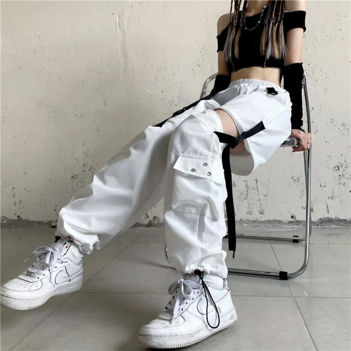 Women's Korean Techwear Cargo Pants - Polyester Fabric, Oversized Baggy, Patchwork, Urban Streetwear, Women's Clothes, Cargo Pants Women