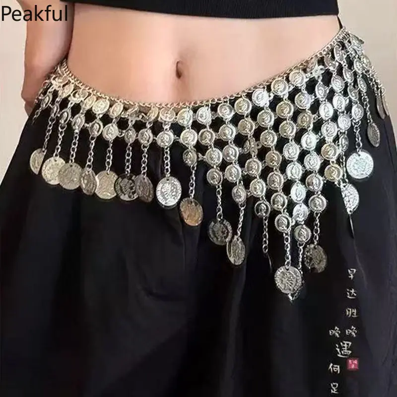 Belly Dance Coin Tassel Waist Chain, Popular Boho Gypsy Silver Hip Belt, Adjustable Dangling Coin Fringe Accessory, metallic silver finish & tribal design, great for dance practice, festival wear, costume parties and layering over dresses