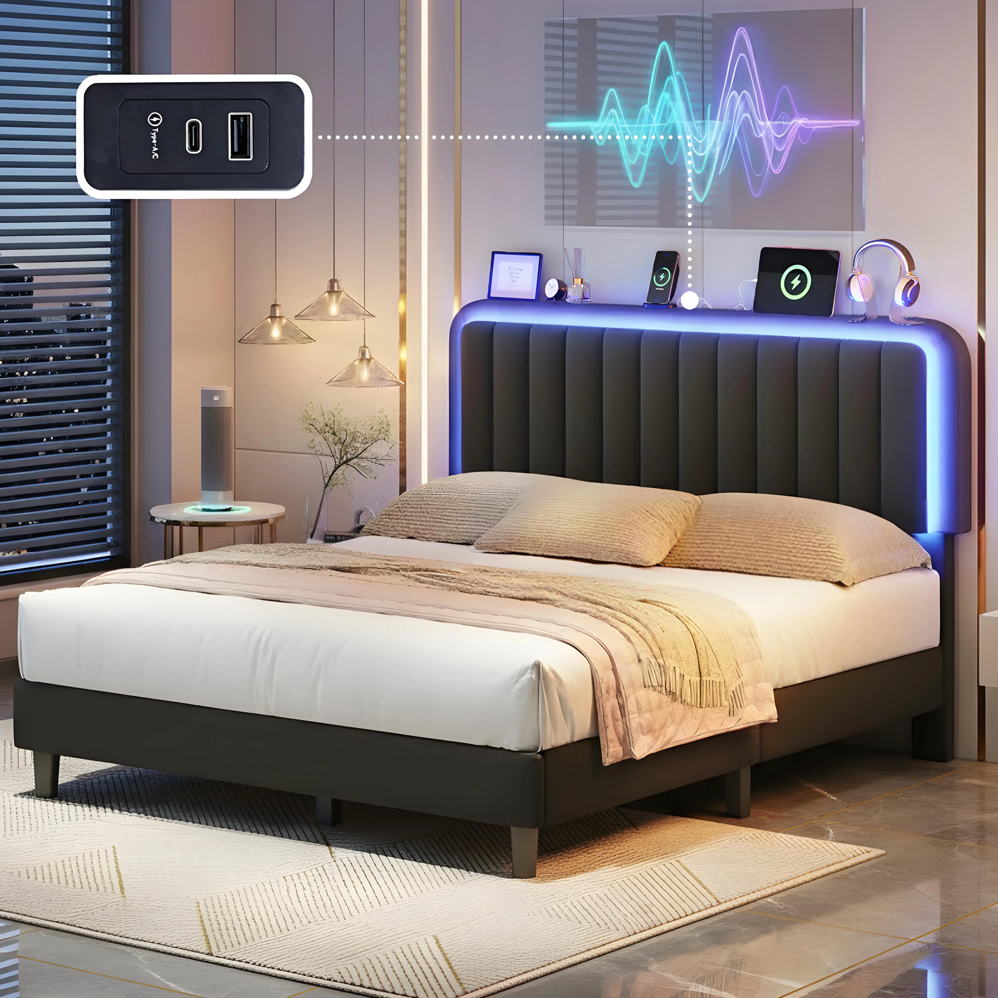 TryLazy Led Bed Frame, No Mattress, Soft Modern Bed Frame with Luxury Leather Headboard, APP Adiust the Light, No Box Spring Needed