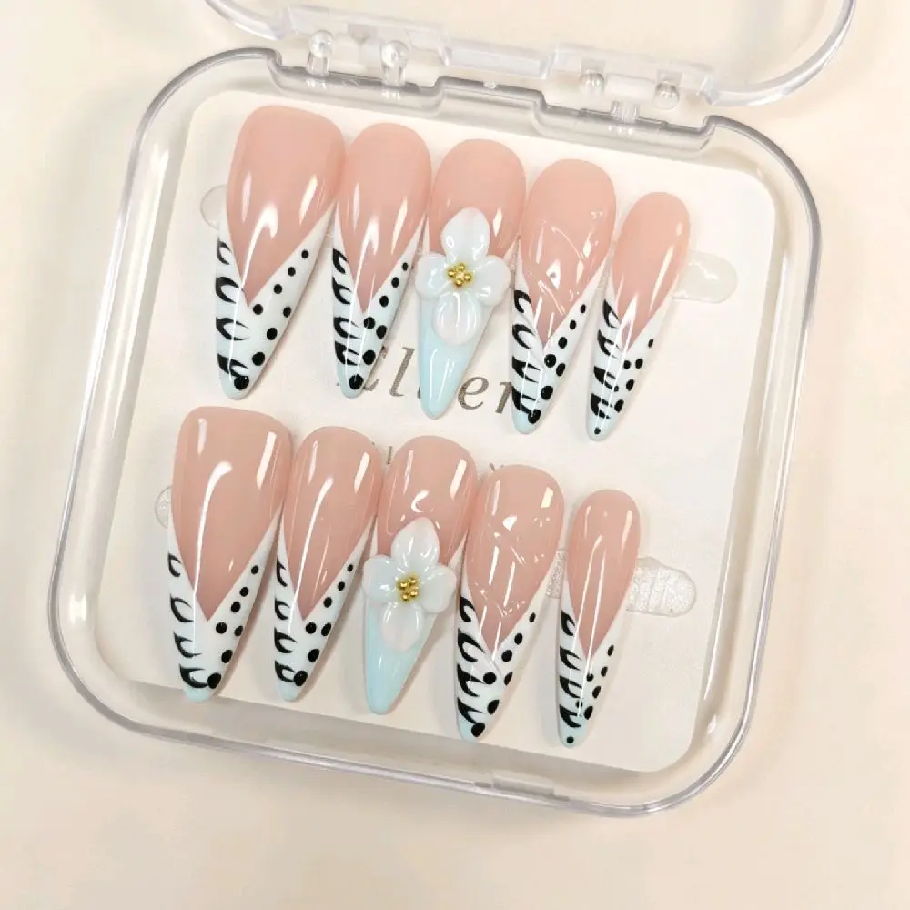 Handmade Nude Pink Press On Nails - Leopard Print Zebra French Tip with 3D Flower, Long Stiletto Reusable Fake Nails, Salon Quality