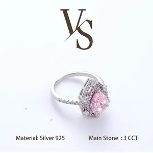 [Venus Jewelry] Lab Created Gemstone 3 CCT Pear Shape Pink Color Luxury Halo Design Solid Silver 925 Solitare Ring