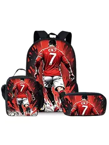 Football Elements Pattern Printed 17-inch Soccer Backpack Three-piece Set (Single-layer Backpack + Shoulder Strap Lunch Bag + Single-layer Pencil Bag) Casual Printed Backpack