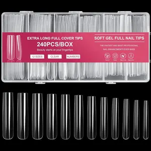 Extra Long Square Full Cover Nail Tips 240PCS Clear 12 Sizes Tapered Square Press On Fake Nails for Acrylic Nails Salon Home DIY with Box