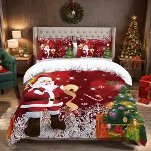 3pcs Merry Christmas Bedding Set, Duvet Cover & Pillowcases, Holiday Santa Claus Design, Snowflake Print Kit, Perfect Home Decor