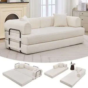 Beige 79" Convertible Sleeper Sofa Bed Couch, 4-in-1 Boneless Corduroy Folding Sofa Bed with Pillow & Fixed-Shape, Floor Mattress Couch Loveseat for Living Room Apartments - No Assembly