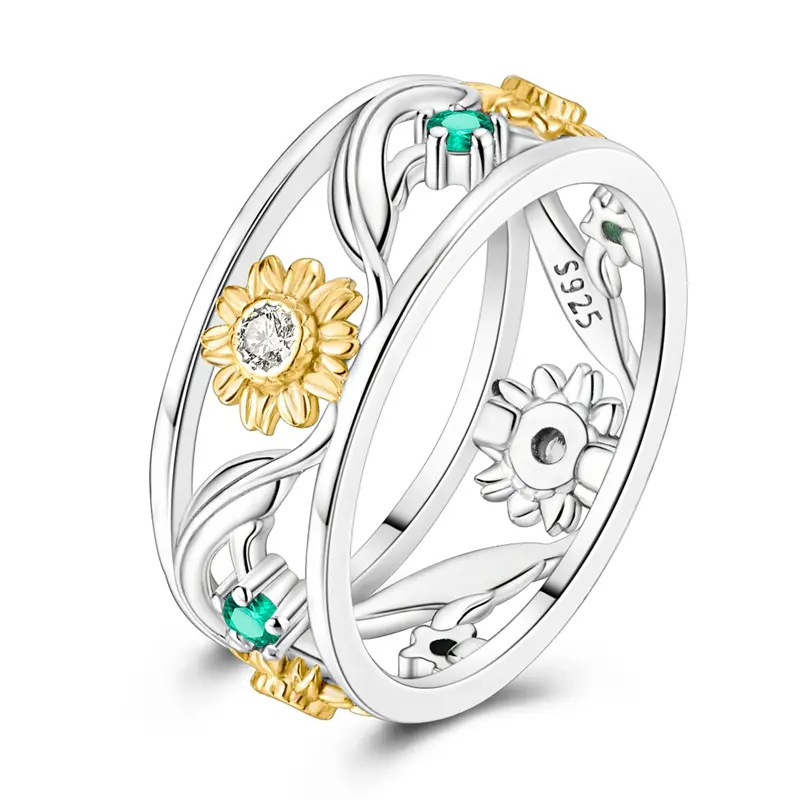NARMO Women's 925 Silver-Plated Radiant Sunflower Motif Ring, Double-Band with Cubic Zirconia, Intricate Floral Leaf Accents, Thoughtful Gift Choice for Springtime Celebrations, Everyday Wear for Nature Lovers, Anniversary, Female
