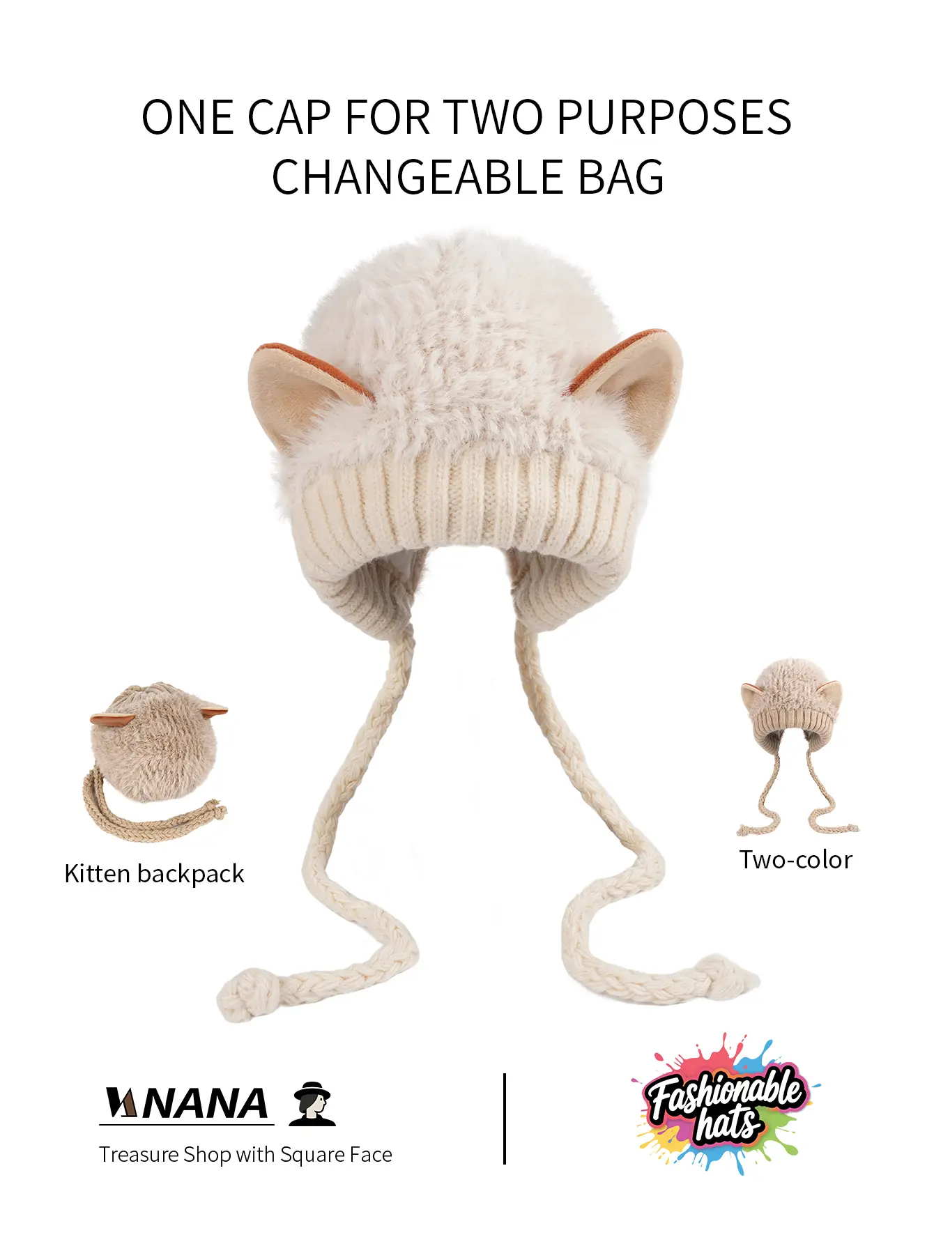 Original design, new style, trendy, cute knitted hat with fur lining for warmth, featuring fox ears, stretchy fit (suitable for both adults and children), can also be used as a bag.