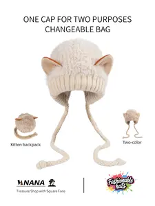 Original design, new style, trendy, cute knitted hat with fur lining for warmth, featuring fox ears, stretchy fit (suitable for both adults and children), can also be used as a bag.