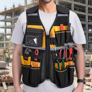 Heavy Duty Tool Vest with Multiple Pockets, Waterproof & Breathable, Reflective Safety Work Vest. Durable Tear-Resistant Organizer for Construction, Auto Repair, Gardening, Carpentry, Electricians, Mechanics. Portable Multi-Compartment Tool Carrier.