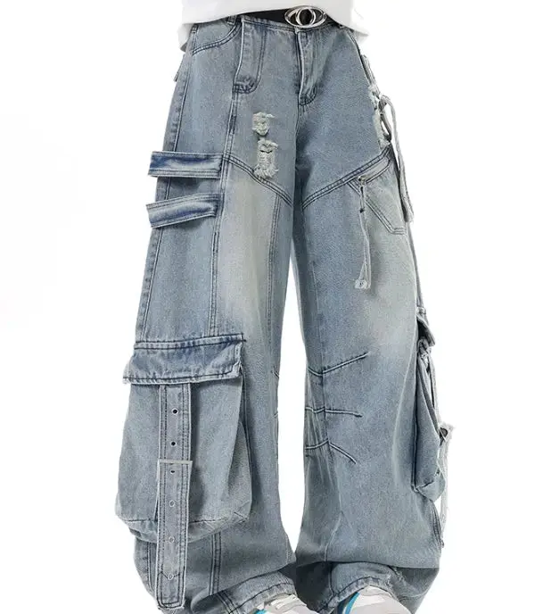 American Heavyweight Deconstructed Ribbon Cargo Jeans For Men And Women