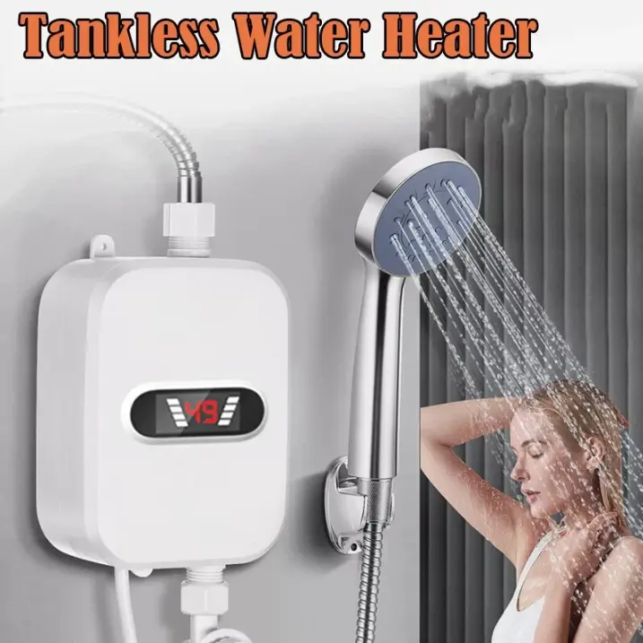 Small Instant Stainless Steel Electric Water Heater Set with LCD Screen Temp Display, Mini Outdoor Instant Heating Electric Water Heater for Camping