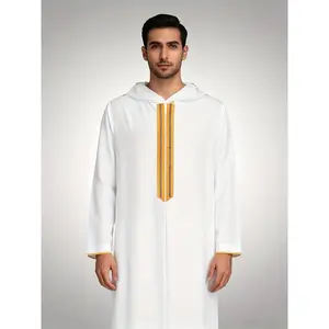 Men's White Islamic Thobe Abaya with Golden Arabic Collar & Hood - Luxury Moroccan/Saudi Traditional Prayer Robe, Loose Fit Long Sleeve Arabic Dress for Ramadan, Hajj, Weddings & Islamic Events (Hand Wash/Dry Clean), Muslim Clothes For Men, Arabic Clothes
