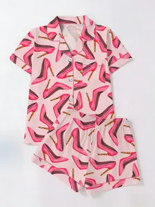 Spring Summer Women's Cardigan Collar Short Sleeve Shorts Set, High Heel Theme Print, Casual Fitted Home Wear