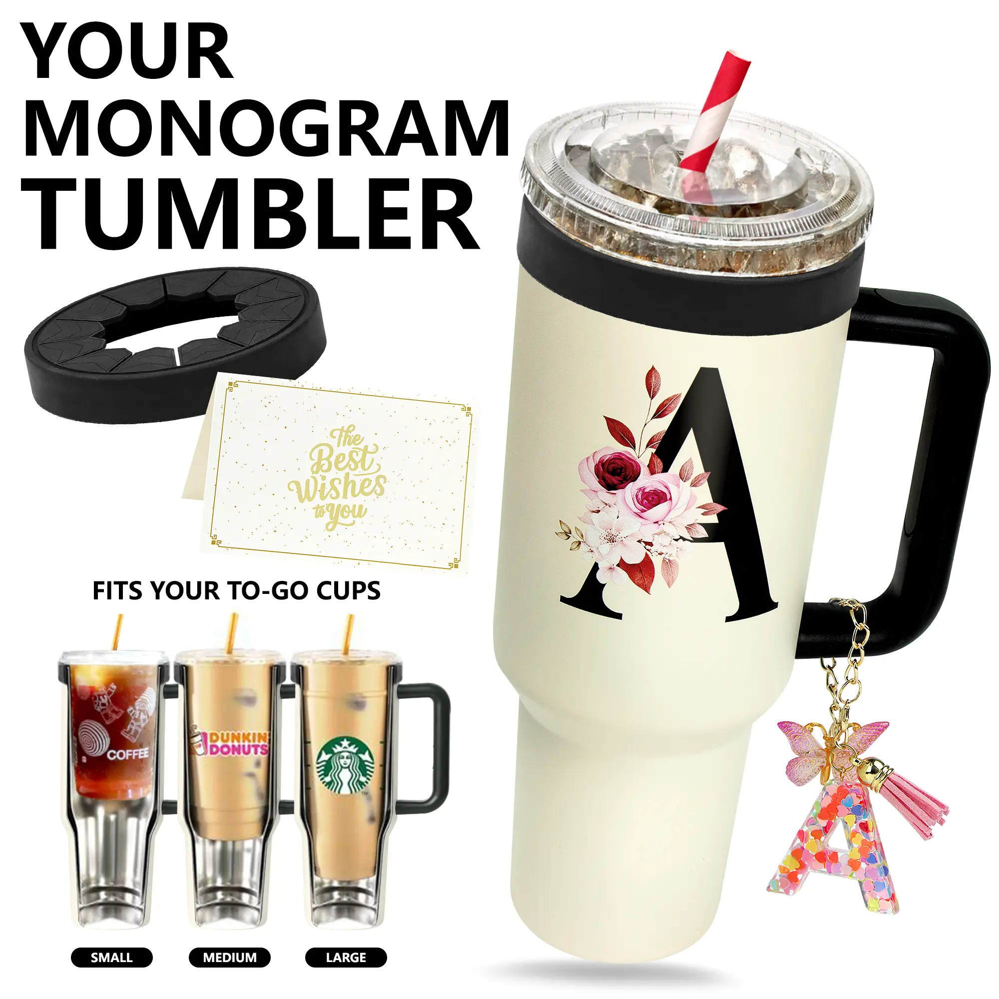 ZIOSINM Stylish 40oz Stainless Steel Personalized Letter Double-Wall Vacuum Insulated Tumbler Mug Vacuum Flask, Leakproof Portable Coffee Mug with Silicone Ring, Straw, Custom Keychain & Gift Box Set, Universal Cup Insulator Ideal for Travel, Office