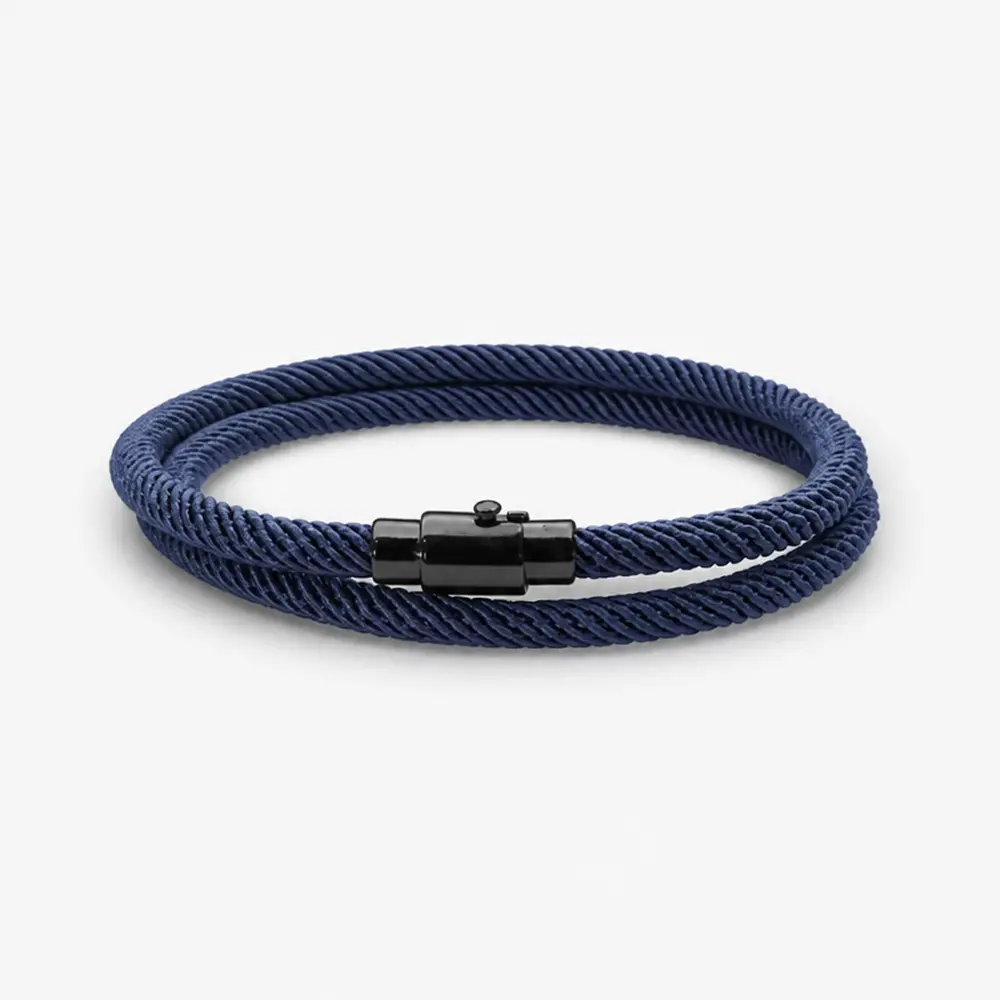 Men's Double-Wrap Nylon Cord Bracelet - Navy Blue Milan Rope, Matte Black Alloy Magnetic Clasp (Clasp Length: 0.59 Inches), 40cm Unisex Modern Casual Nautical Surf Beach Jewelry for Anniversary Daily Wear