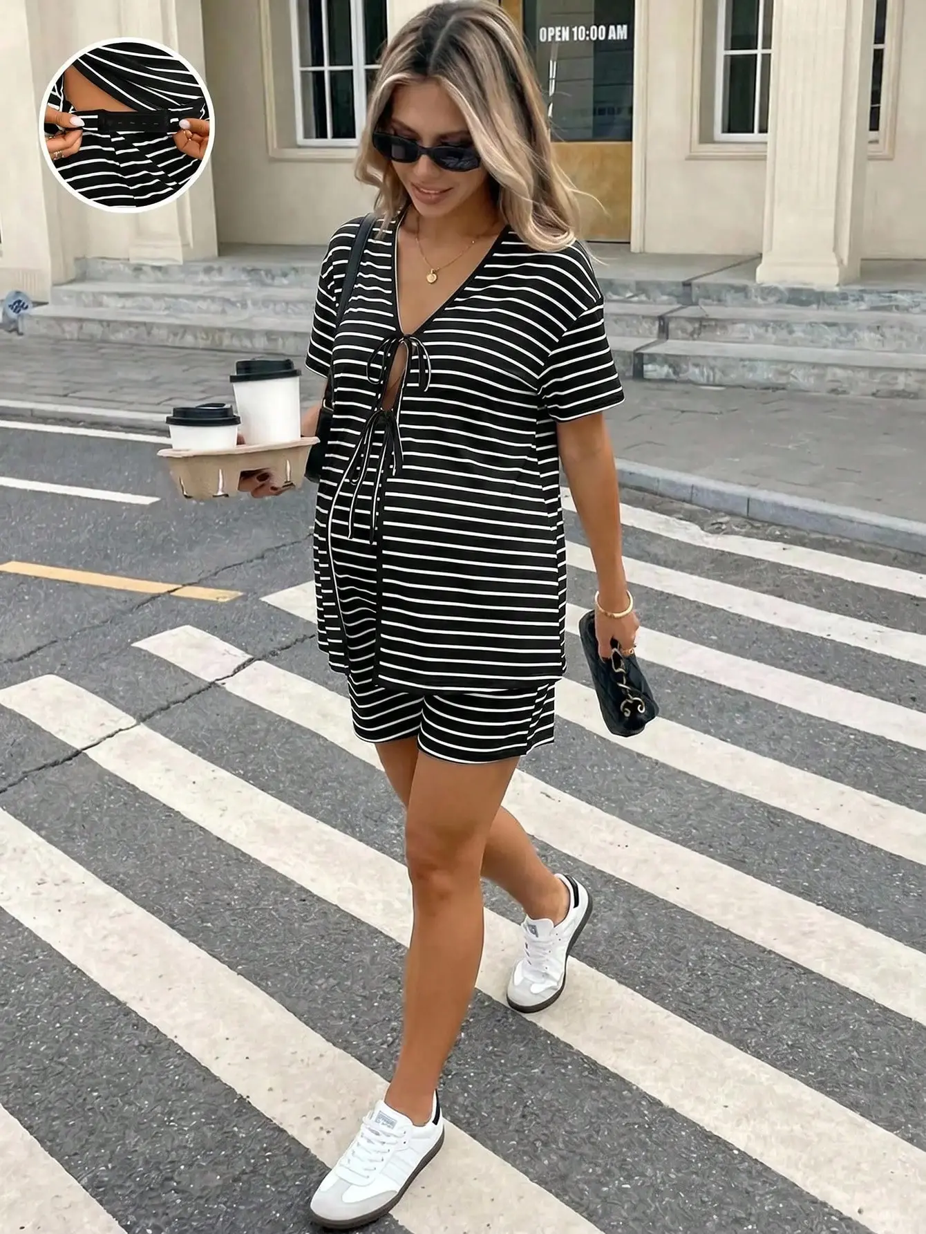 Maternity White Short Sleeve Tie Front Top And Adjustable Waist Shorts Casual Daily Home Wear 2pcs Set Maternity Summer