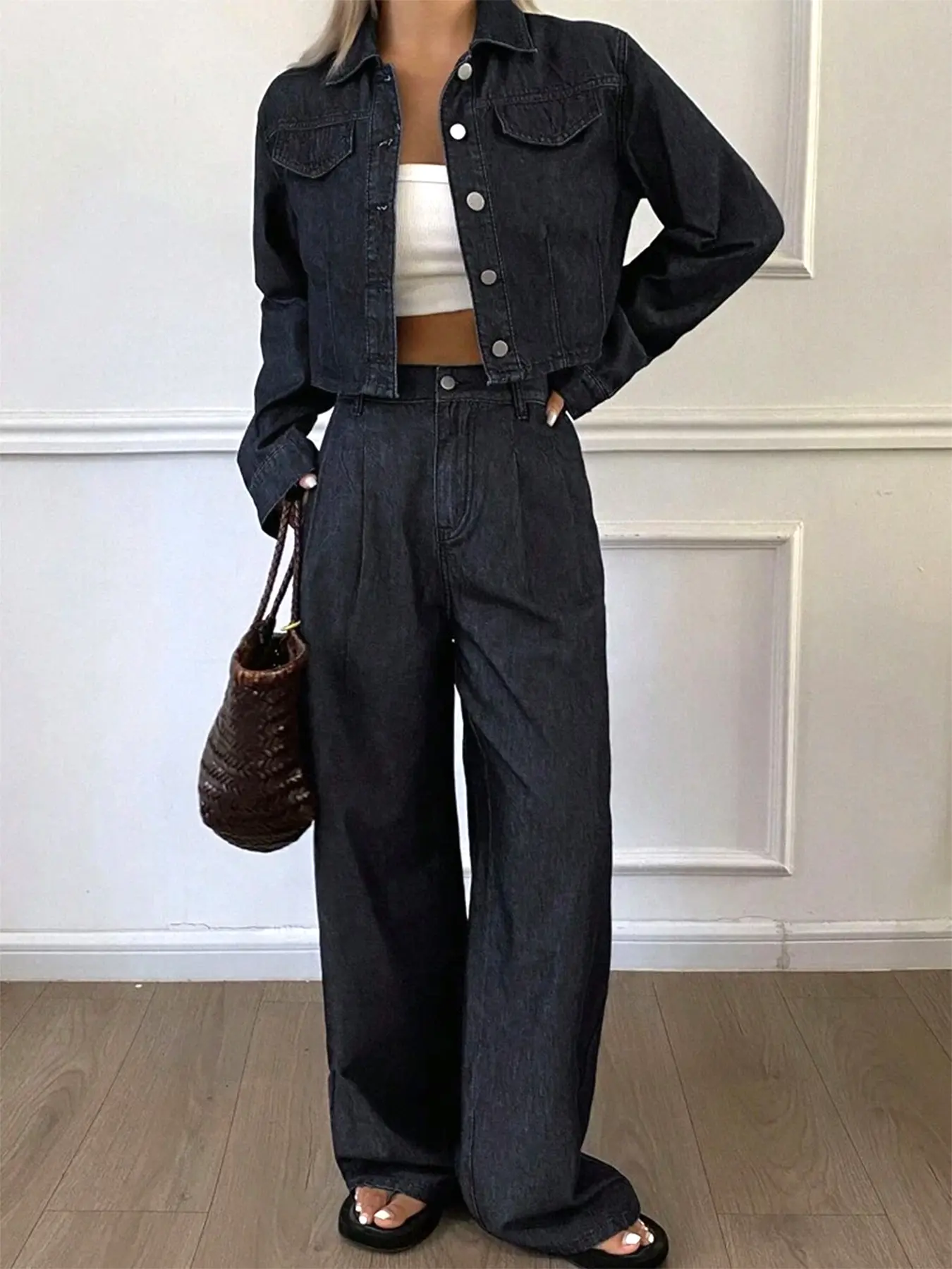 Aswulk Women's Denim Two Piece Set -Versatile Short Jacket & High Waisted Wide Leg Pants Dark Blue Spring Fall
