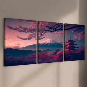 Japanese Cherry Bloom Landscape Wall Art Decor Set - Modern Waterproof Wooden Framed Posters and Prints, Sakura Scenery Painting for Living Room, Bedroom Decoration Vintage Lyric cheetah
