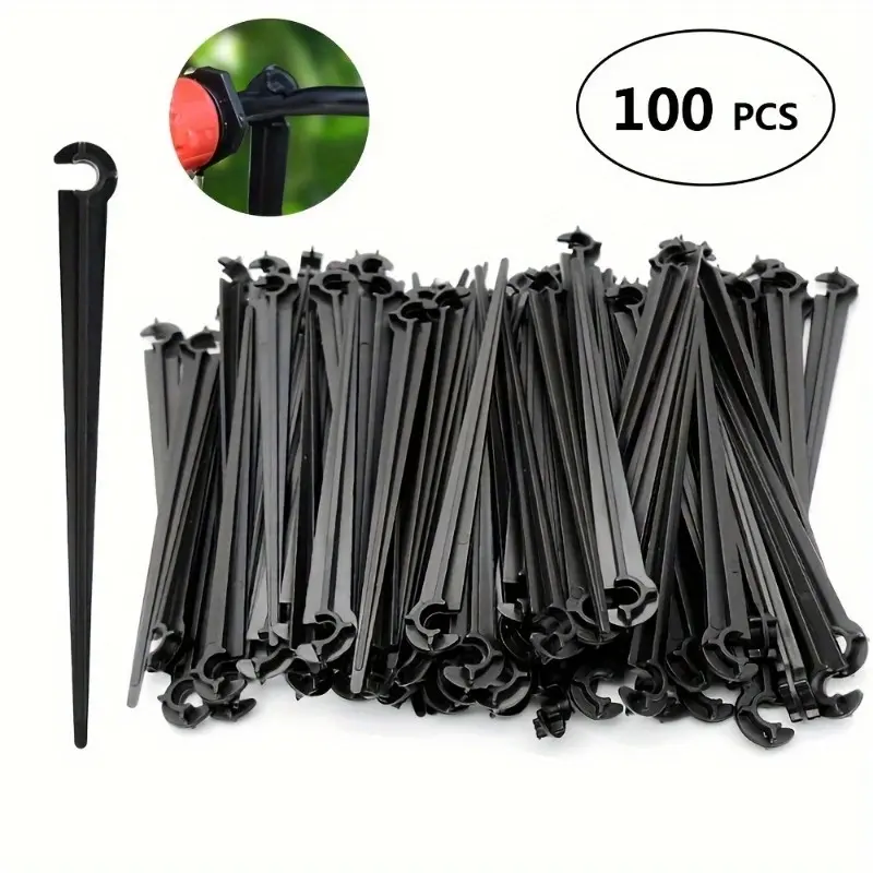 100 Plastic Drip Irrigation Stakes with C-Shaped Clips, Garden Hose Connectors, Suitable for 4/7Mm Pipes, Greenhouses, And Potted Watering Systems, Garden Accessories, Garden Supplies